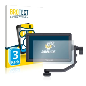 Parte frontale di una confezione del prodotto con il logo del marchio BROTECT. Accanto è raffigurato il dispositivo Feelworld 