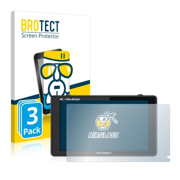 Parte frontale di una confezione del prodotto con il logo del marchio BROTECT. Accanto è raffigurato il dispositivo Feelworld 