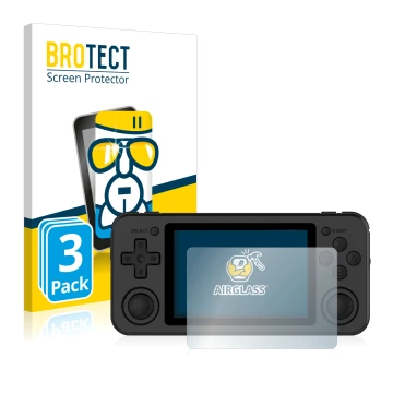 Parte frontale di una confezione del prodotto con il logo del marchio BROTECT. Accanto è raffigurato il dispositivo Anbernic R