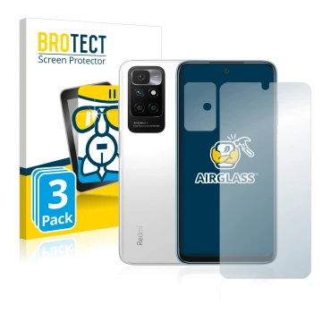 Parte frontale di una confezione del prodotto con il logo del marchio BROTECT. Accanto è raffigurato il dispositivo Xiaomi Red