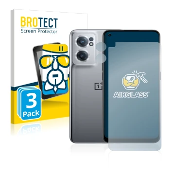 Parte frontale di una confezione del prodotto con il logo del marchio BROTECT. Accanto è raffigurato il dispositivo OnePlus No