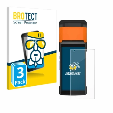 Parte frontale di una confezione del prodotto con il logo del marchio BROTECT. Accanto è raffigurato il dispositivo Sunmi V2s 