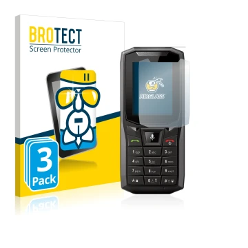 Parte frontale di una confezione del prodotto con il logo del marchio BROTECT. Accanto è raffigurato il dispositivo Crosscall 