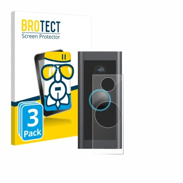 Parte frontale di una confezione del prodotto con il logo del marchio BROTECT. Accanto è raffigurato il dispositivo Ring Video