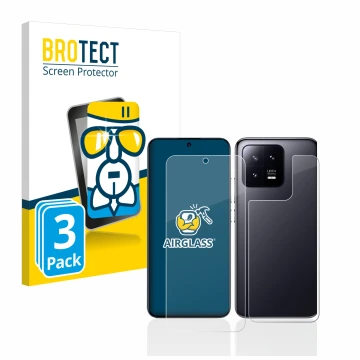 Parte frontale di una confezione del prodotto con il logo del marchio BROTECT. Accanto è raffigurato il dispositivo Xiaomi 13 