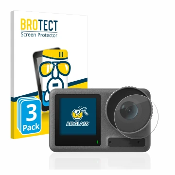 Parte frontale di una confezione del prodotto con il logo del marchio BROTECT. Accanto è raffigurato il dispositivo DJI Osmo A