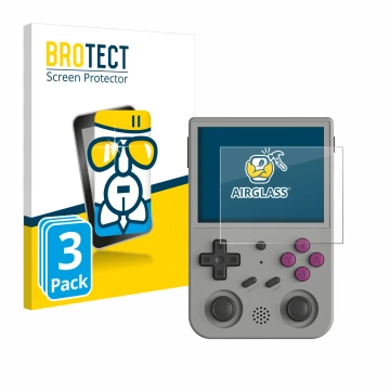 Parte frontale di una confezione del prodotto con il logo del marchio BROTECT. Accanto è raffigurato il dispositivo Anbernic R