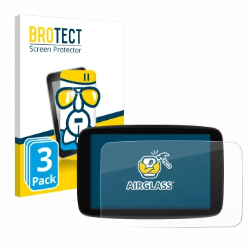 Parte frontale di una confezione del prodotto con il logo del marchio BROTECT. Accanto è raffigurato il dispositivo TomTom GO 