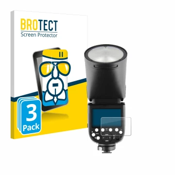 Parte frontale di una confezione del prodotto con il logo del marchio BROTECT. Accanto è raffigurato il dispositivo Godox V1 c