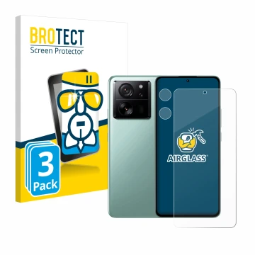 Parte frontale di una confezione del prodotto con il logo del marchio BROTECT. Accanto è raffigurato il dispositivo Xiaomi 13T