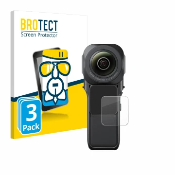 Parte frontale di una confezione del prodotto con il logo del marchio BROTECT. Accanto è raffigurato il dispositivo Insta360 O