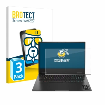 Parte frontale di una confezione del prodotto con il logo del marchio BROTECT. Accanto è raffigurato il dispositivo HP Omen 16