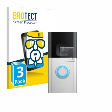 Parte frontale di una confezione del prodotto con il logo del marchio BROTECT. Accanto è raffigurato il dispositivo Ring Video