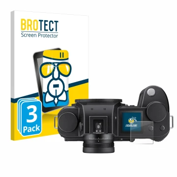 Parte frontale di una confezione del prodotto con il logo del marchio BROTECT. Accanto è raffigurato il dispositivo Leica SL3 