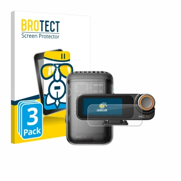 Parte frontale di una confezione del prodotto con il logo del marchio BROTECT. Accanto è raffigurato il dispositivo DJI Mic 2 