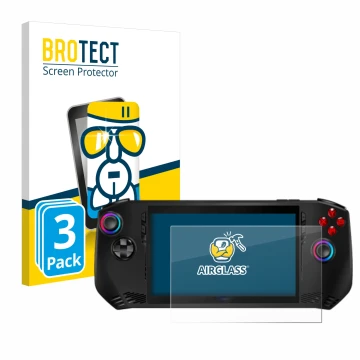 Parte frontale di una confezione del prodotto con il logo del marchio BROTECT. Accanto è raffigurato il dispositivo MSI Claw A