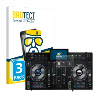 Parte frontale di una confezione del prodotto con il logo del marchio BROTECT. Accanto è raffigurato il dispositivo Denon DJ P