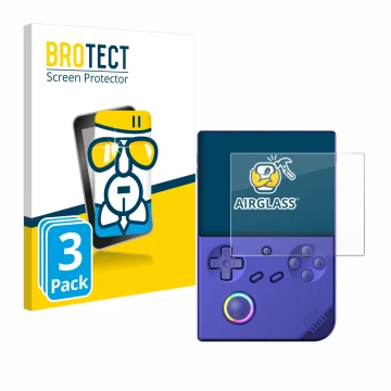 Parte frontale di una confezione del prodotto con il logo del marchio BROTECT. Accanto è raffigurato il dispositivo Anbernic R