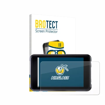 Parte frontale di una confezione del prodotto con il logo del marchio BROTECT. Accanto è raffigurato il dispositivo Atomos Sho