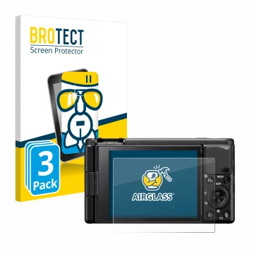 Parte frontale di una confezione del prodotto con il logo del marchio BROTECT. Accanto è raffigurato il dispositivo Sony ZV-1A