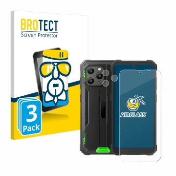 Parte frontale di una confezione del prodotto con il logo del marchio BROTECT. Accanto è raffigurato il dispositivo Blackview 