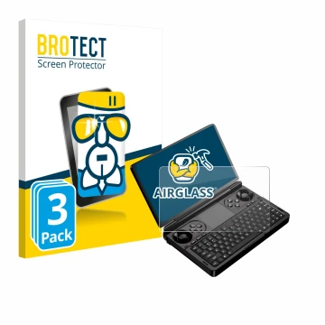 Parte frontale di una confezione del prodotto con il logo del marchio BROTECT. Accanto è raffigurato il dispositivo GPD Win Mi