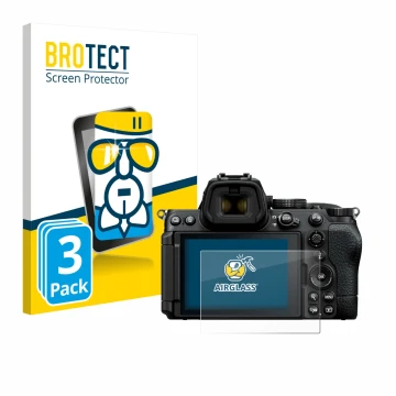 Parte frontale di una confezione del prodotto con il logo del marchio BROTECT. Accanto è raffigurato il dispositivo Nikon Z5 I
