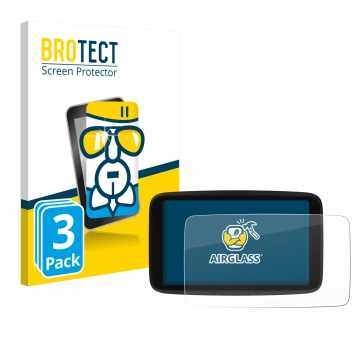 Parte frontale di una confezione del prodotto con il logo del marchio BROTECT. Accanto è raffigurato il dispositivo TomTom Go 