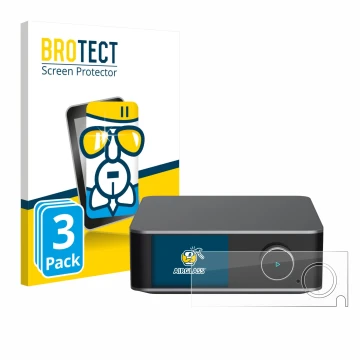Parte frontale di una confezione del prodotto con il logo del marchio BROTECT. Accanto è raffigurato il dispositivo WiiM Ultra