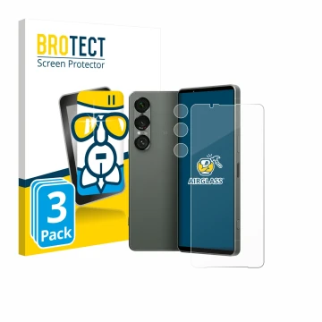 Parte frontale di una confezione del prodotto con il logo del marchio BROTECT. Accanto è raffigurato il dispositivo Sony Xperi