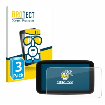Parte frontale di una confezione del prodotto con il logo del marchio BROTECT. Accanto è raffigurato il dispositivo TomTom GO 