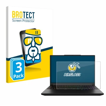 Parte frontale di una confezione del prodotto con il logo del marchio BROTECT. Accanto è raffigurato il dispositivo XMG Pro 16