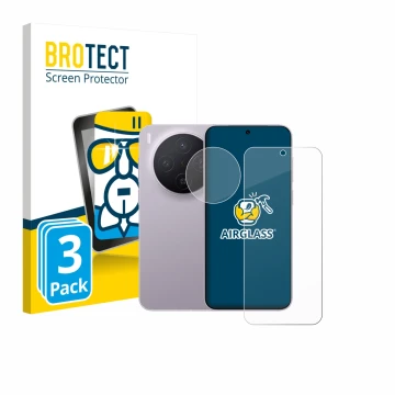 Parte frontale di una confezione del prodotto con il logo del marchio BROTECT. Accanto è raffigurato il dispositivo Vivo X300 