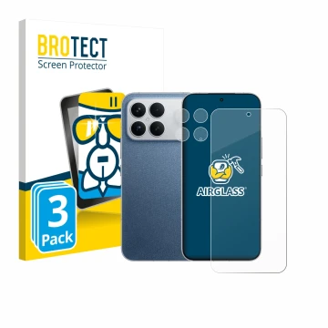 Parte frontale di una confezione del prodotto con il logo del marchio BROTECT. Accanto è raffigurato il dispositivo Xiaomi Poc