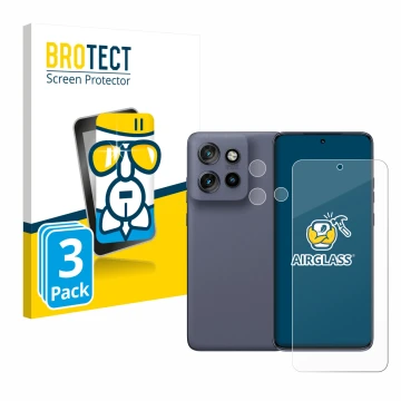 Parte frontale di una confezione del prodotto con il logo del marchio BROTECT. Accanto è raffigurato il dispositivo Motorola E
