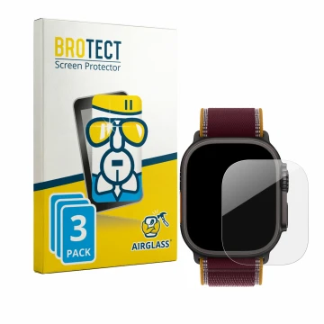 Parte frontale di una confezione del prodotto con il logo del marchio BROTECT. Accanto è raffigurato il dispositivo Apple Watc
