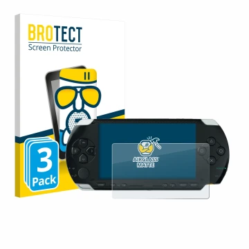 Parte frontale di una confezione del prodotto con il logo del marchio BROTECT. Accanto è raffigurato il dispositivo Sony PSP 1