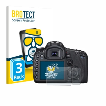 Parte frontale di una confezione del prodotto con il logo del marchio BROTECT. Accanto è raffigurato il dispositivo Canon EOS 
