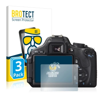 Parte frontale di una confezione del prodotto con il logo del marchio BROTECT. Accanto è raffigurato il dispositivo Canon EOS 