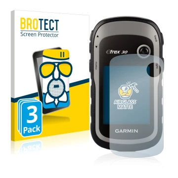 Parte frontale di una confezione del prodotto con il logo del marchio BROTECT. Accanto è raffigurato il dispositivo Garmin eTr