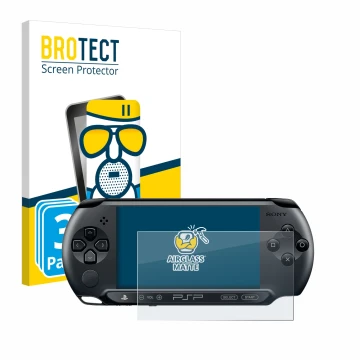 Parte frontale di una confezione del prodotto con il logo del marchio BROTECT. Accanto è raffigurato il dispositivo Sony PSP S