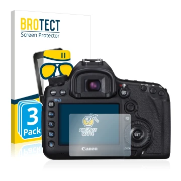 Parte frontale di una confezione del prodotto con il logo del marchio BROTECT. Accanto è raffigurato il dispositivo Canon EOS 