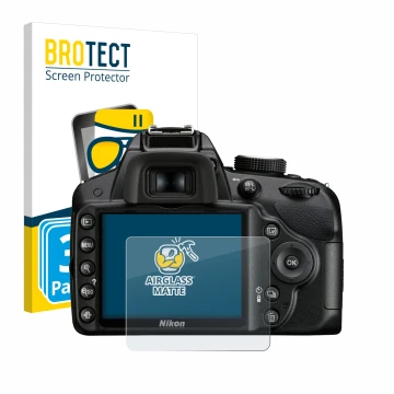 Parte frontale di una confezione del prodotto con il logo del marchio BROTECT. Accanto è raffigurato il dispositivo Nikon D320