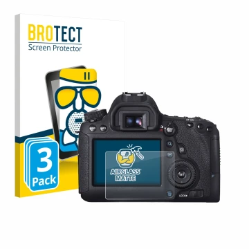 Parte frontale di una confezione del prodotto con il logo del marchio BROTECT. Accanto è raffigurato il dispositivo Canon EOS 
