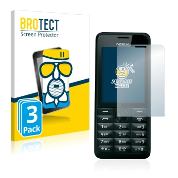 Parte frontale di una confezione del prodotto con il logo del marchio BROTECT. Accanto è raffigurato il dispositivo Nokia 301 