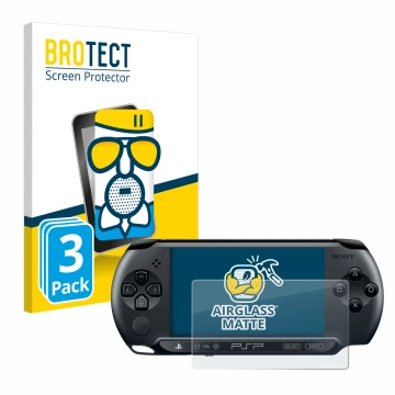 Parte frontale di una confezione del prodotto con il logo del marchio BROTECT. Accanto è raffigurato il dispositivo Sony PSP 1