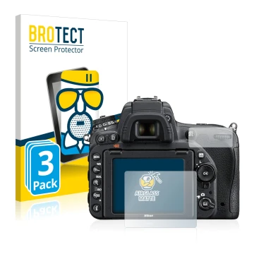 Parte frontale di una confezione del prodotto con il logo del marchio BROTECT. Accanto è raffigurato il dispositivo Nikon D750