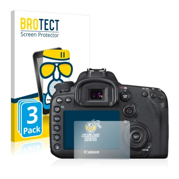 Parte frontale di una confezione del prodotto con il logo del marchio BROTECT. Accanto è raffigurato il dispositivo Canon EOS 