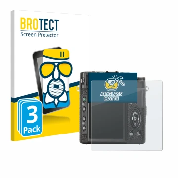 Parte frontale di una confezione del prodotto con il logo del marchio BROTECT. Accanto è raffigurato il dispositivo Fujifilm X