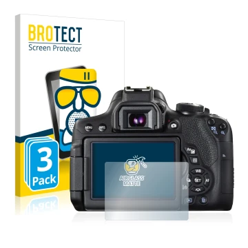 Parte frontale di una confezione del prodotto con il logo del marchio BROTECT. Accanto è raffigurato il dispositivo Canon EOS 
